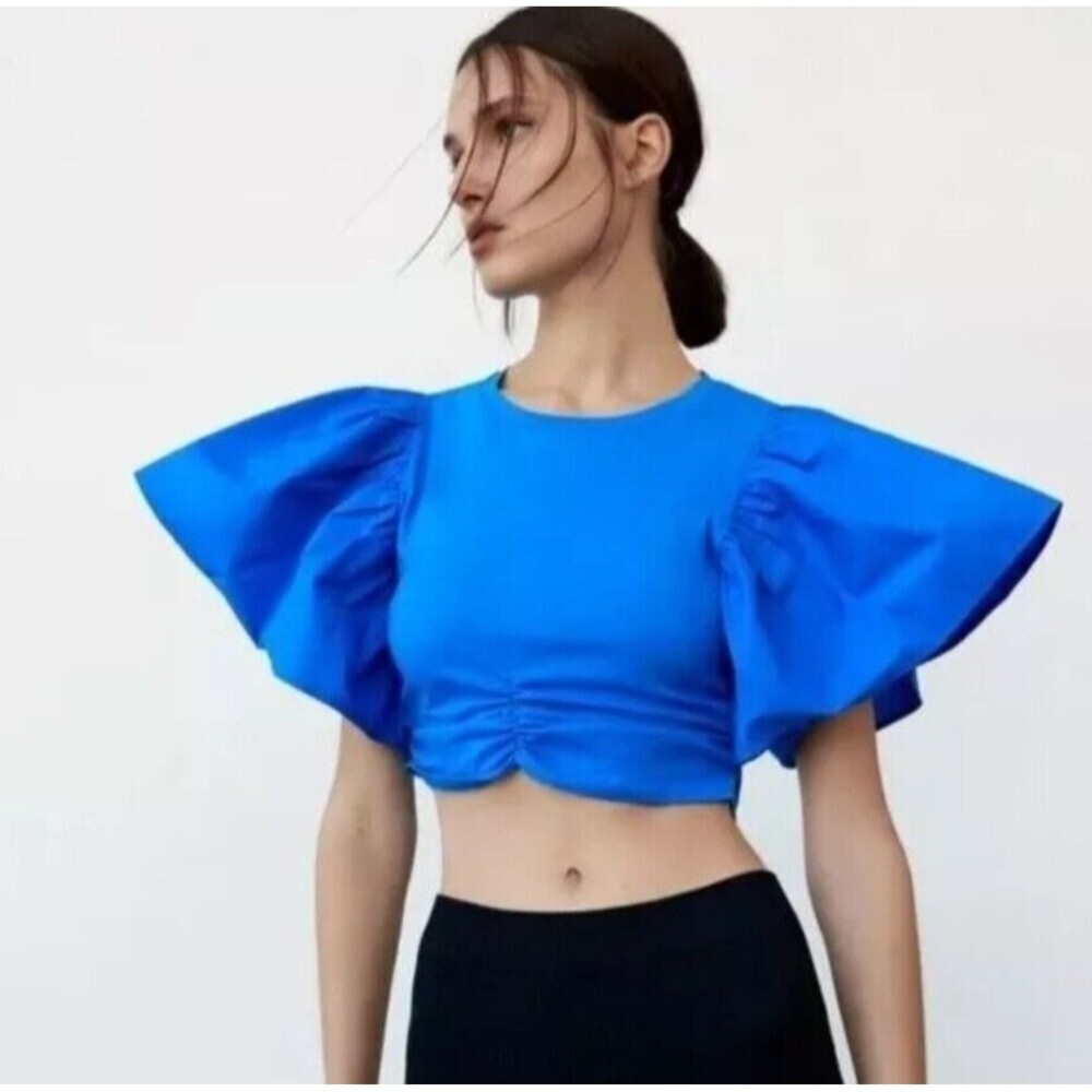 ZARA Women Cobalt Blue Exaggerated Sleeve Crop Top S Short Puff Sleeve‎ Rouched